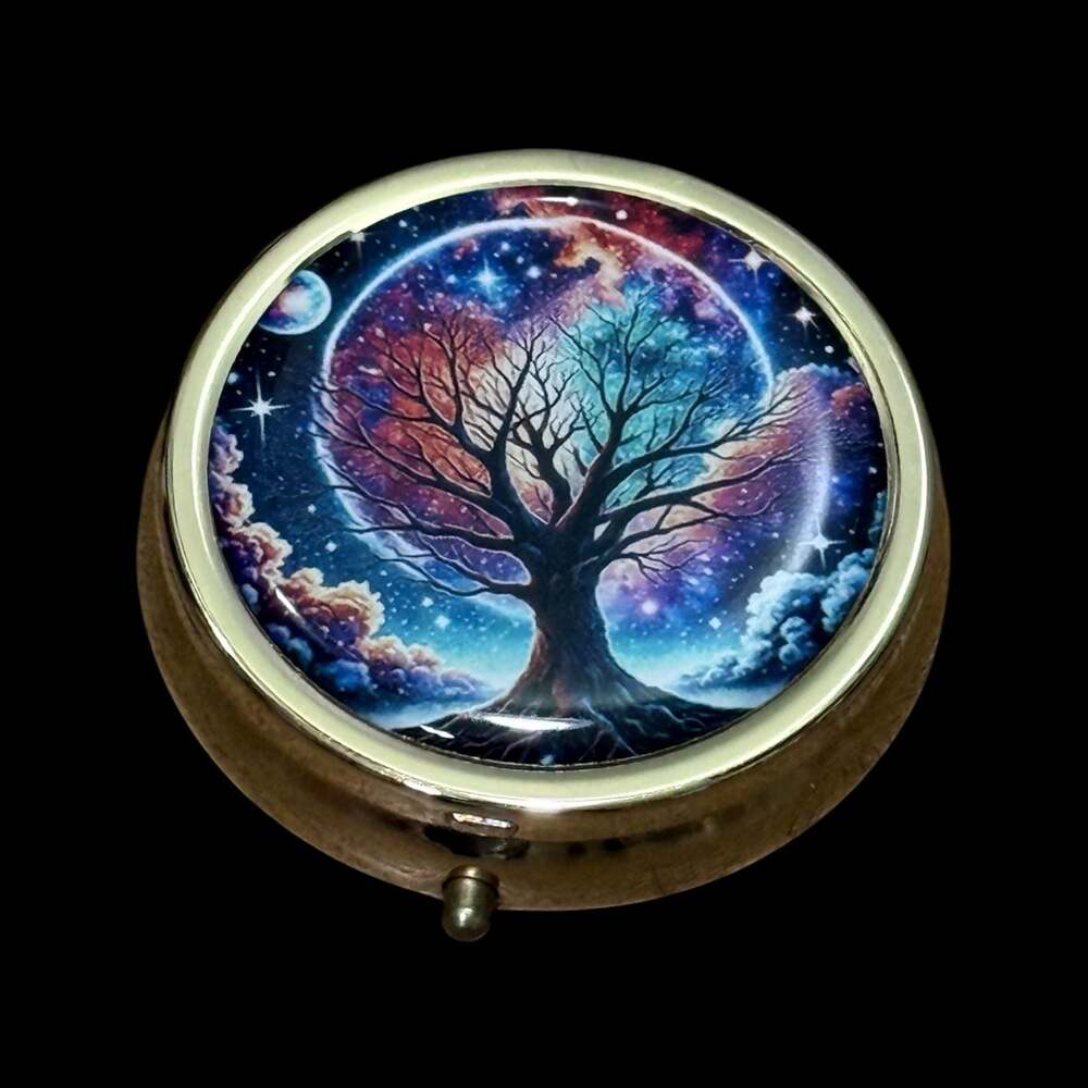 Cute Moon Tree Portable Round Metal Pill Organizer Case